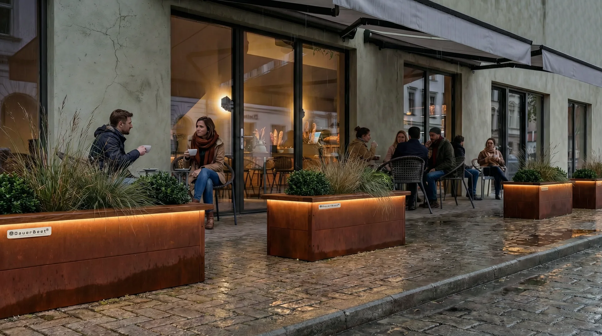 Okrasna korita pred kavarno zvečer s prižgano solarno LED osvetlitvijo