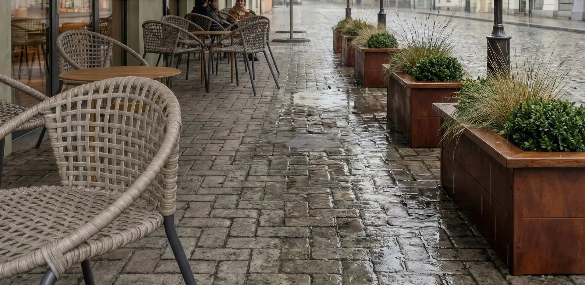 Okrasna korita iz švedskega jekla ob ulici pred lokalom